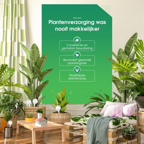Groene kamerplanten in diverse potten, zittend op een palletbank met plantenprint en plaid. Geautomatiseerd plantenverzorgingssysteem.