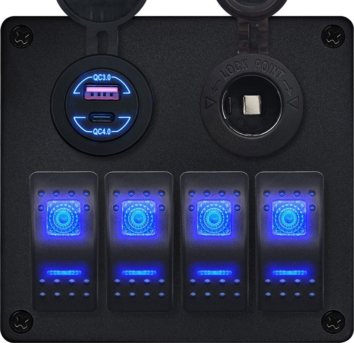 ProRide Schakelpaneel 12V voor Auto/Boot - USB Lader 2 Poorten met Sigaretten stopcontact- QC4.0 - 4 schakelaars