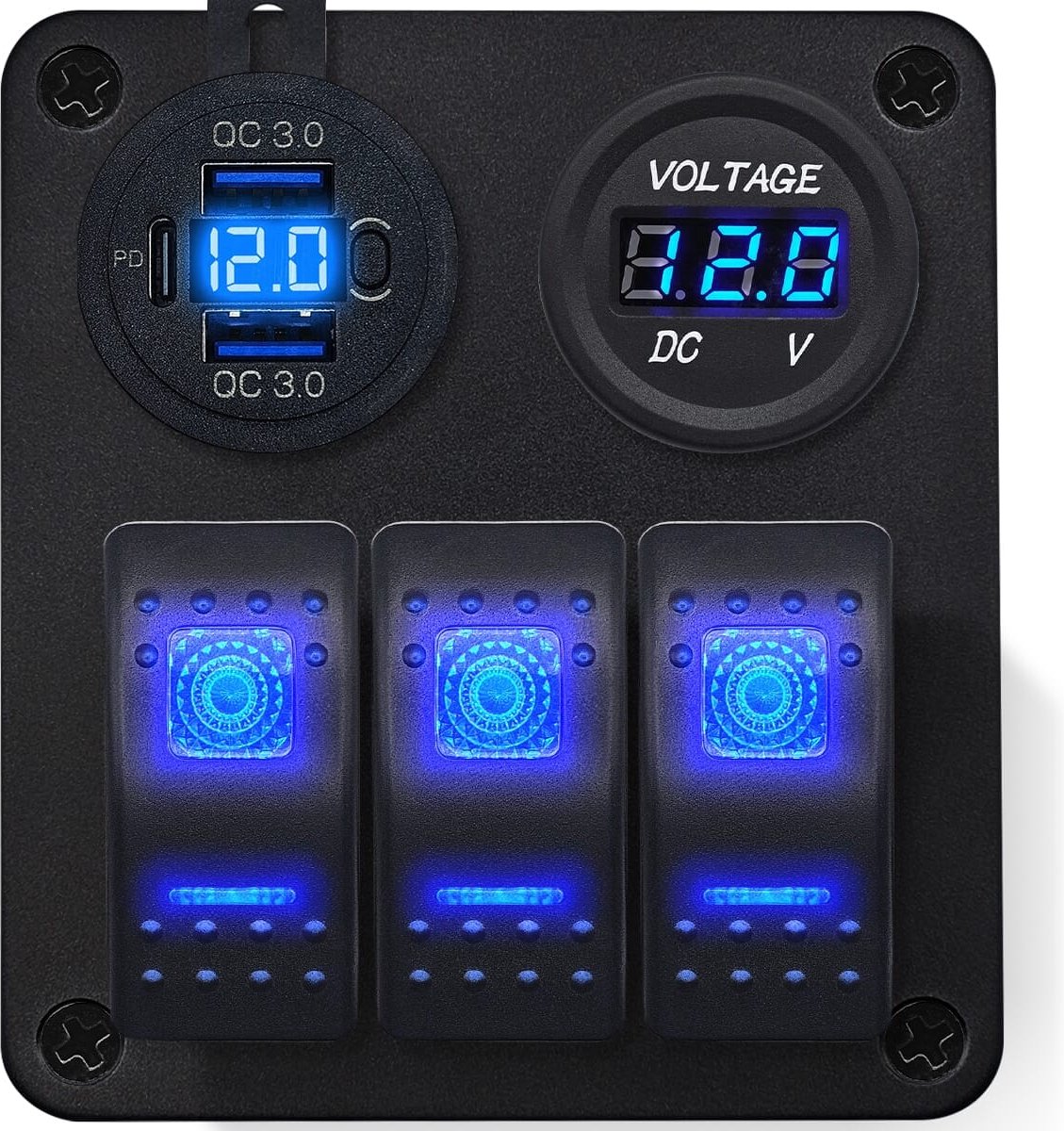 ProRide Schakelpaneel 12V voor Auto/Boot - USB Lader 2 poorten met Voltmeter - QC3.0 - 3 Schakelaars