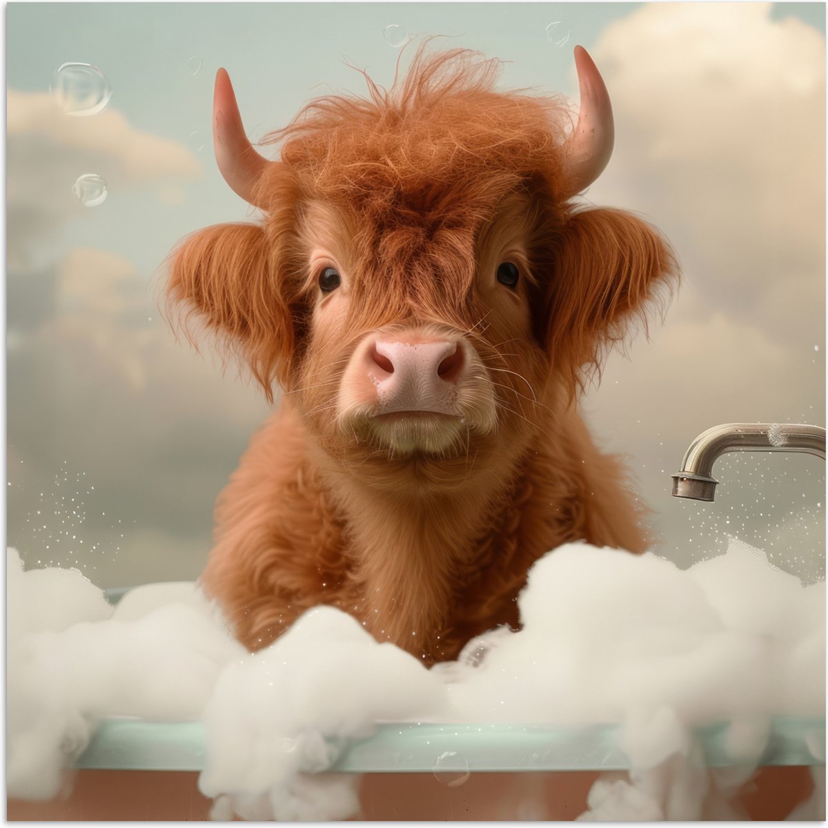 Poster 100x100 cm - Schotse hooglander - Bad - Schuim - Koe - Posters - Wanddecoratie badk