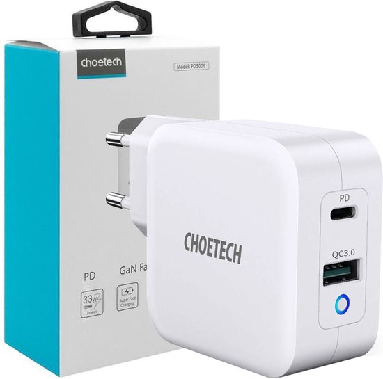Choetech - Dual GaN-Tech stroomadapter USB-C/USB-A - Power Delivery - 65W