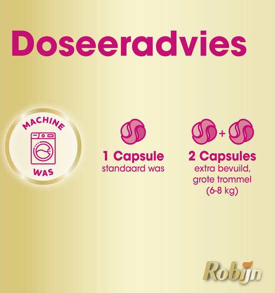 Doseeradvies voor Robijn wascapsules: één capsule voor normale was, twee voor extra vuile was.