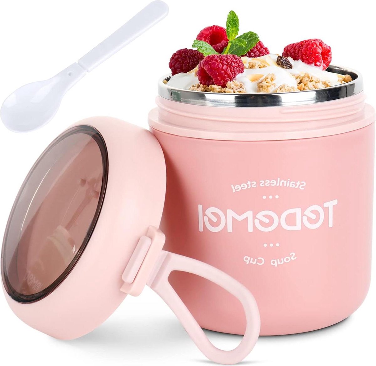 Muesli beker lepel deksel yoghurt graanhouder snacks soepen salades volwassenen kinderen school kantoor reizen roze