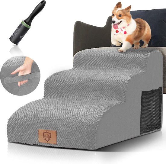 Myiosus Hondentrap 3 Treden, Huisdiertrap voor Kleine Honden en Katten, wasbare overtrek, Dog Steps van Spons met Hoge Dichtheid, voor Slaapbed, met 1 Pluisrol