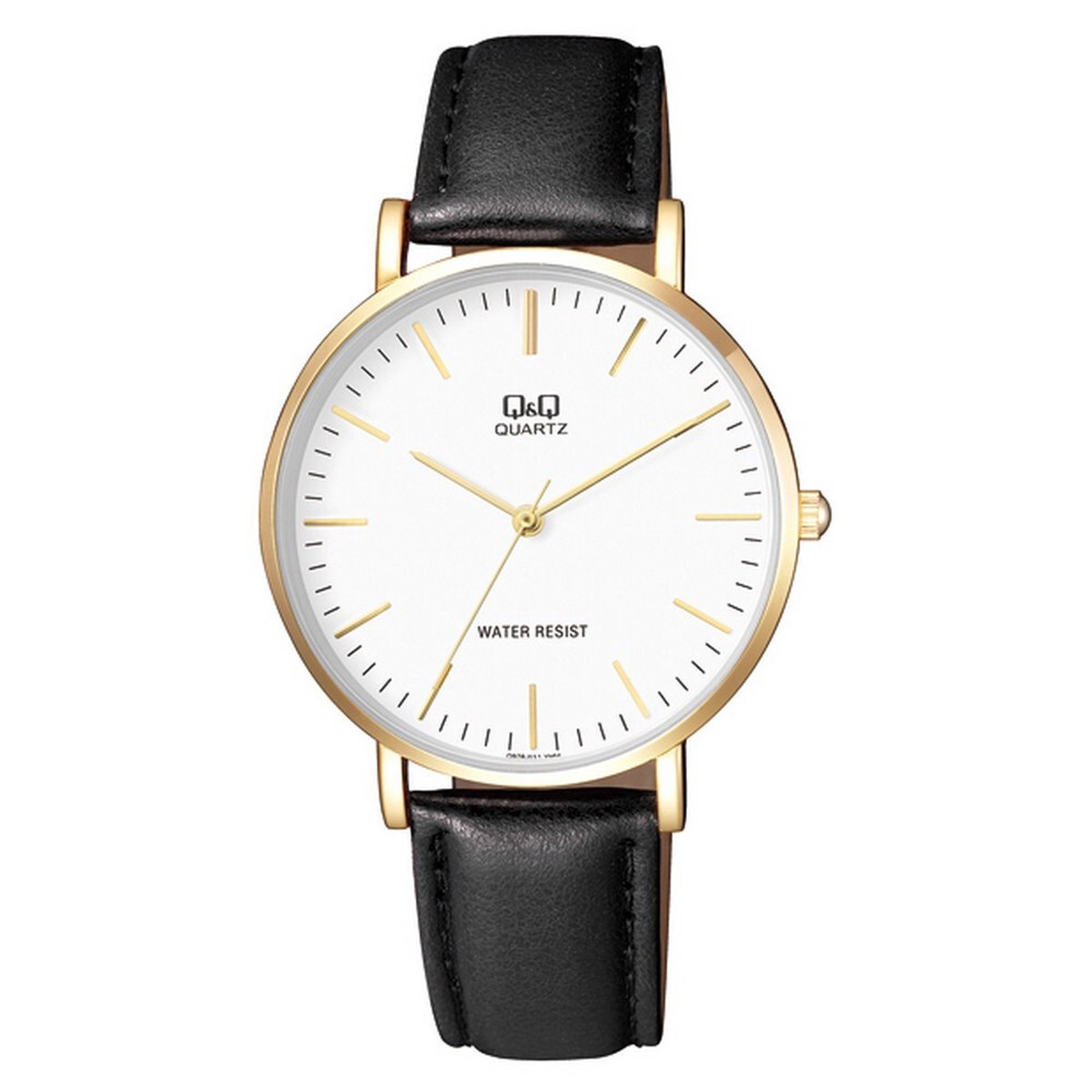 QQ Q978J111Y - Horloge - Polshorloge - Analoog - Heren - Mannen - Leren band - Rond - Metaal - Strepen - Zwart - Goudkleurig - Wit