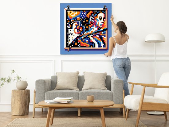 Pixel art mondriaan schilderij | Kleurrijke pixels dansen in een Mondriaans kunstwerk tot leven | Kunst - 100x100 centimeter op Forex | Foto op Forex