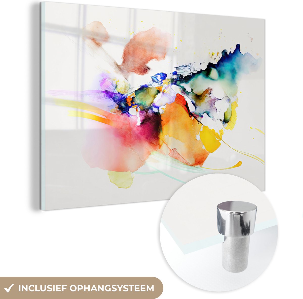 MuchoWow® Glasschilderij 30x20 cm - Schilderij acrylglas - Waterverf - Regenboog - Abstract - Kunst - Foto op glas - Muurdecoratie woonkamer - Wanddecoratie slaapkamer - Schilderijen