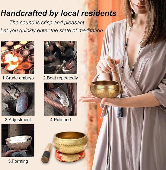 Tibetaanse klankschaal, klein, klankschalenset, 8 cm, handgehamerd in Nepal, Singing Bowl met klepel, klankschaalkussen en geschenkdoos, voor meditatie, yoga, chakra, meditatie accessoires