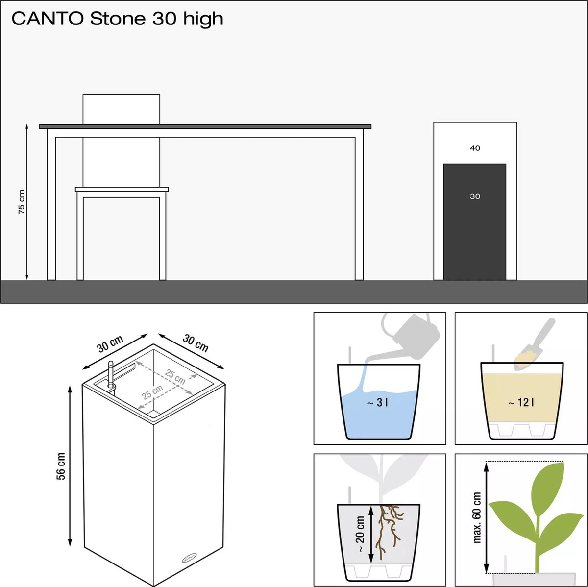 Lechuza Canto Stone 30 high - Planter - removable inner pot