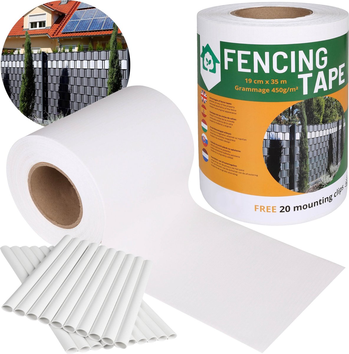 Schaduwrijke Vlechtband Hekwerk, beschermingsscherm UV 19 cm x 35 m - 450g/m2 + 20 bevestigingsclips