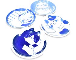 Mini Side Specerij Bord Sushi Sojasaus Fruit Cake NEKOCHIGURA Cat Design 99 cm 4 Patronen Set - Japanse Mino Ware