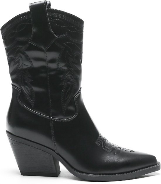 Bottes de cowboy à boucle pour femme - Bout pointu - Cuir vintage - Couleur unie - Talon haut - Antidérapantes, Noir