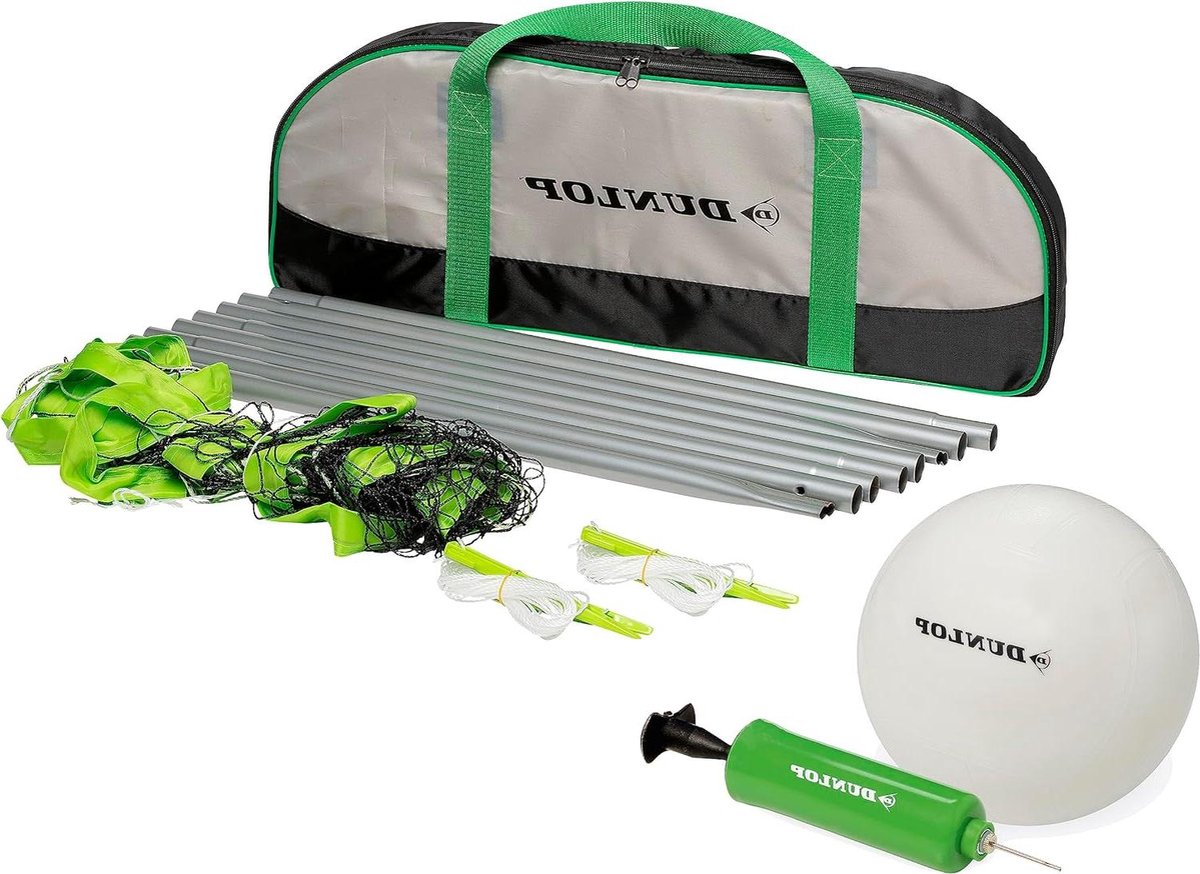 609 x 220 cm Volleybalset incl. net, scheerlijnen, haringen, bal, balpomp en draagtas - groen/zwart/wit