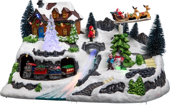 Feeric Lights & Christmas Kerstdorp - kerst tafereel - trein en slee - met led verlichting - 31 cm