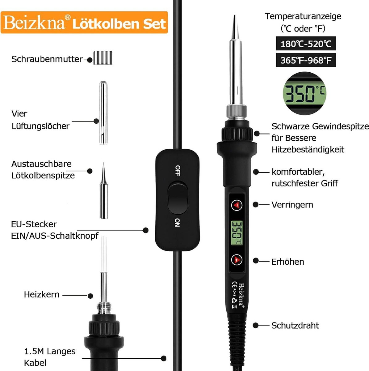 Soldeerbout Set - Elektrisch Gereedschap - Veelzijdig Repareren - Instelbare Temperatuur - 80 Watt - Geel – foto 2