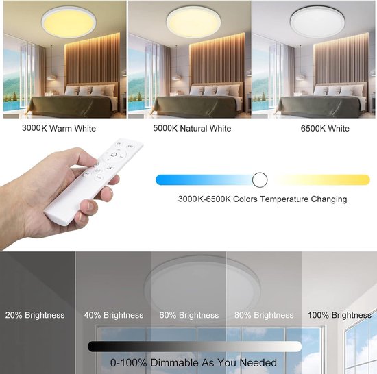 Dimmbare LED Deckenleuchte mit Fernbedienung, 24W RGB Farbwechsel Deckenlampe, 3200LM, 13 Farben & Weiß (3000K-6500K), IP54 Wasserdicht für Bad, Küche, Schlafzimmer, Wohnzimmer
