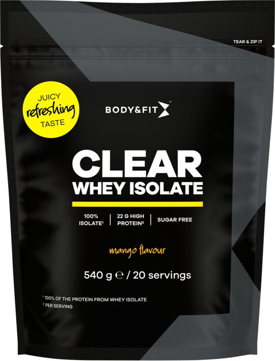 Zwarte en gele verpakking voor Body & Fit Clear Whey Isolate, mango smaak, 540 g / 20 porties.