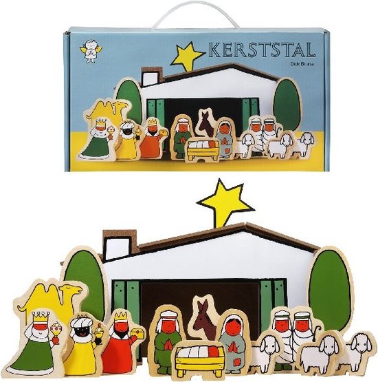 Kerststal van Dick Bruna in verpakking en uitgestald. Bevat veertien houten figuren en een stal.