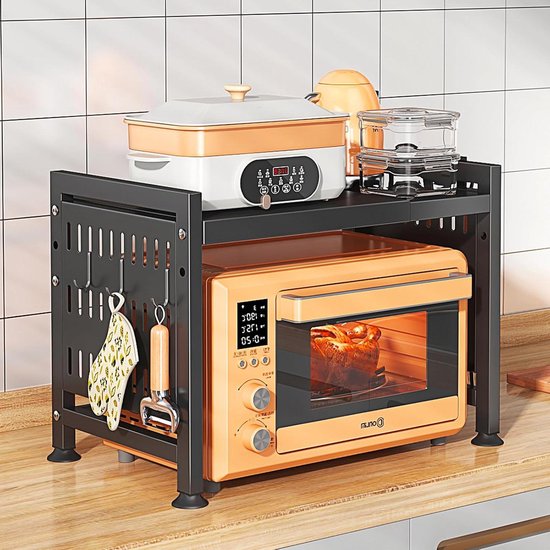 magnetronrek Magnetron Stand Plank Uitbreidbaar Magnetron Rek Aanrecht, 2-Tier Keuken Tegen Plank Met Partitie, Utility Metalen Magnetron Rek, Keuken Organisator Rek Afdruiprek Kruidenrek