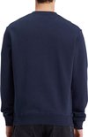 Achterkant van een donkerblauwe sweater met ronde hals. De sweater is gedrapeerd.