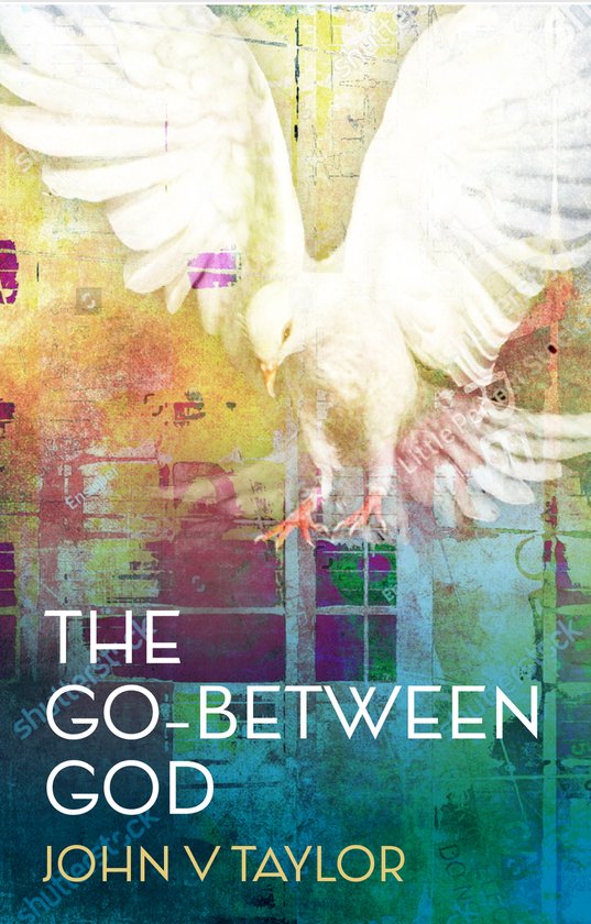 De titel 'The Go-Between God' in witte letters. Een witte duif vliegt op een kleurrijke, abstracte achtergrond.