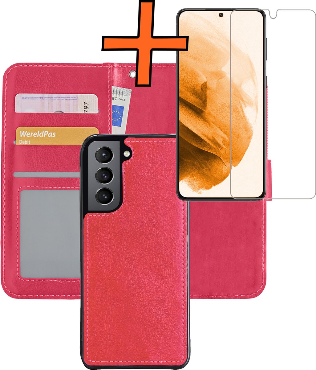 Hoes - 2 in 1 - Geschikt voor Samsung Galaxy S21 Plus - Met Screenprotector - En Uitneembare Hard Cover - Bookcase - Wallet Case - Met Pasjeshouder - Book Case - Uitneembaar - Pashouder - Kunstleer - Donkerroze
