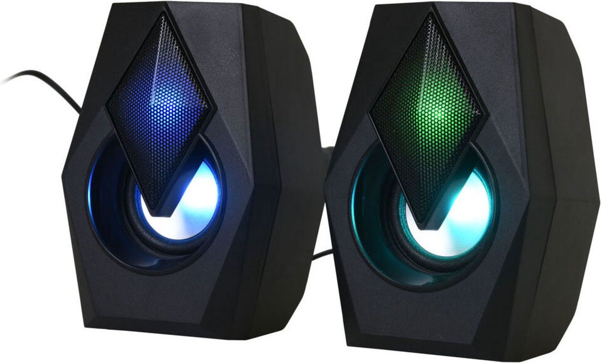Kleurveranderende gaming speakerset met licht, USB-C en 3,5mm aansluiting.