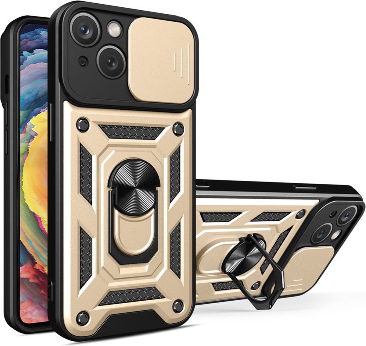 MobyDefend Hoesje - Geschikt voor iPhone 15 - Pantsercase Met Draaibare Ring - Goud