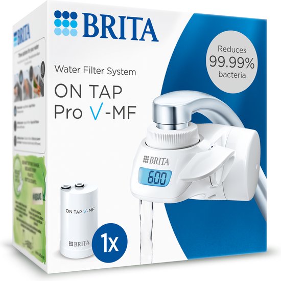 BRITA kraanwaterfiltersysteem ON TAP Pro V-MF incl. 1x filterpatroon (600L) - voor 99,99% bacterievrij & lekker duurzaam water, vermindert PFAS*, incl. digitaal LCD scherm met capaciteitsindicatie