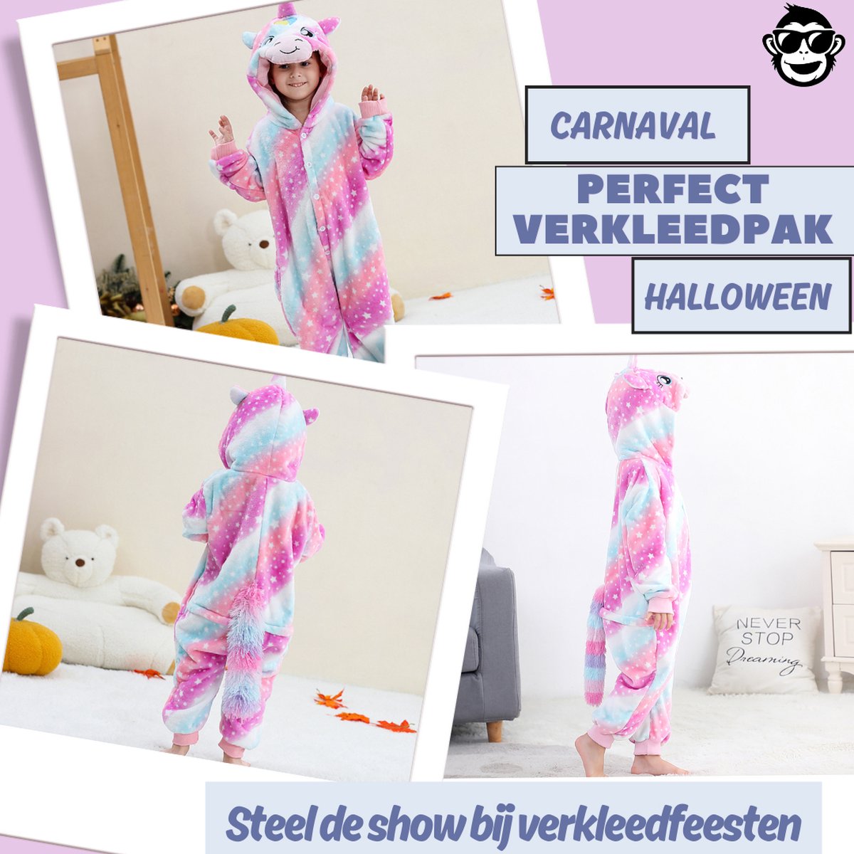 BoefieBoef Dieren Onesie Verkleedkleding Kinderen 5-9 jaar – Comfortabele Kostuum Pyjama – Maat 120 tot 140 – Dierenpak voor Jongens en Meisjes – Feest, Carnaval Verkleedkleding - Kerst, Dierenpak - of Verjaardag Cadeau - Eenhoorn — afbeelding 3