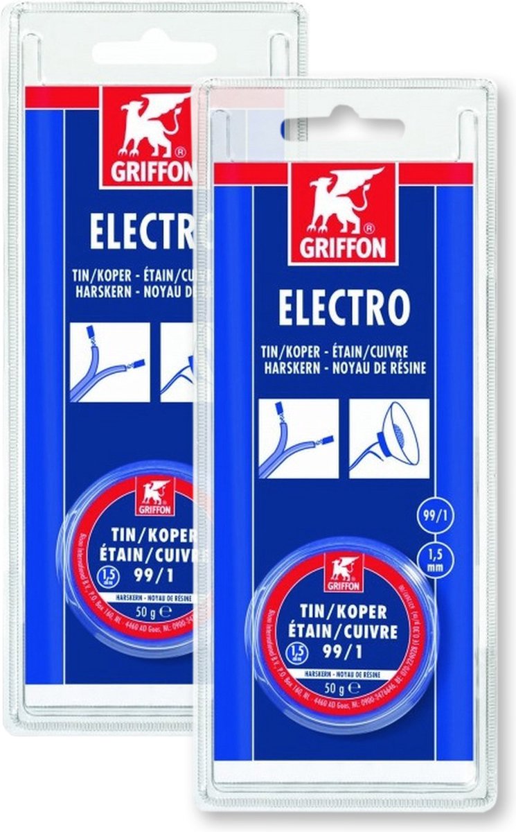 Griffon electro draadsoldeer tin/koper 99/1 harskern Ø 1,5 mm. - 50 gram - 2 stuks