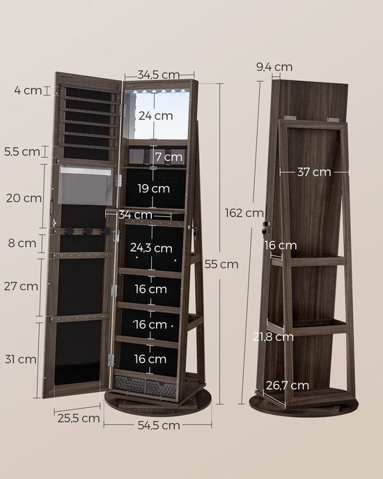 Armoire à bijoux Oshawa avec miroir sans cadre - Armoire à bijoux Avec LED et rotative à 360° - verrouillable - Marron foncé