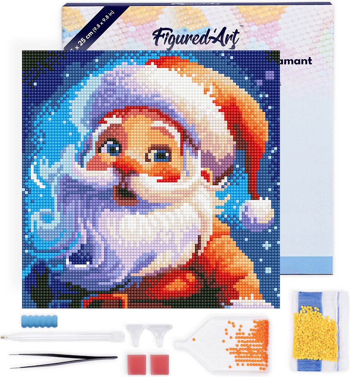 Figured'Art Mini Diamond Painting set Volwassenen 25x25 cm met lijst Lachende Kerstman - 5D DIY Art full drill ronde diamant - Canvas al ingelijst