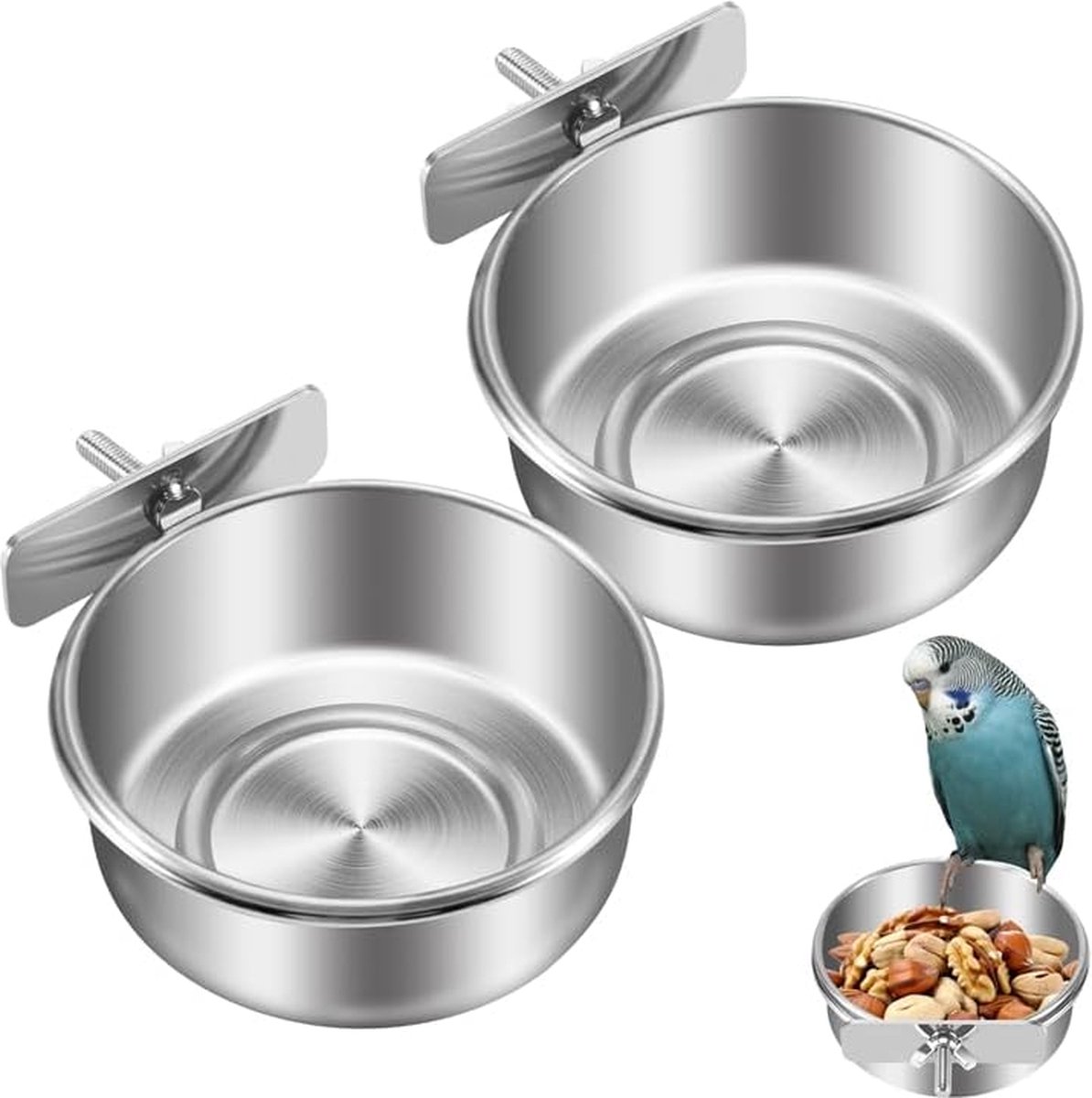 Roestvrijstalen Voer- en Drinkbakken voor Vogels - Set van 2, Hangend in Vogelkooi