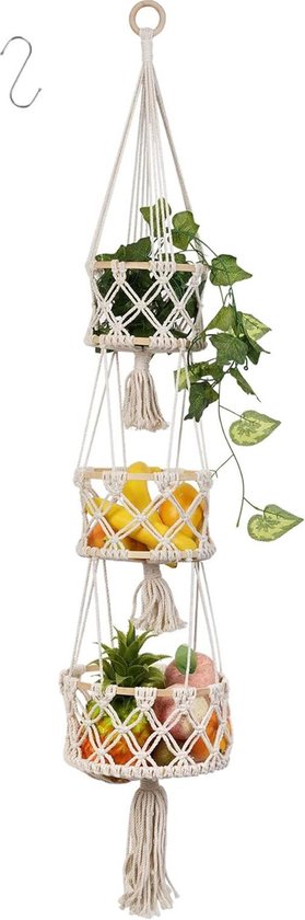 Hangende Fruitmand 3 Verdelingen - Macramé Boho Keukenorganisatie
