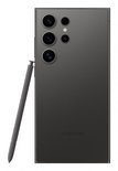 Donkergrijze Samsung Galaxy S24 Ultra met S Pen, met 5 camera's aan de achterkant.