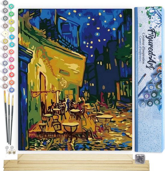 Figured' Art Peinture par numéros sur toile Adultes Van Gogh Café Terrasse la nuit – Kit de peinture acrylique artisanal DIY complet – 40 x 50 cm avec cadre en bois à DIY