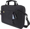 Zwarte laptoptas met smartphone in een voorvak.