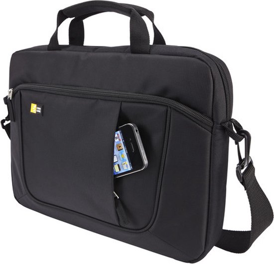 Zwarte laptoptas met smartphone in een voorvak.