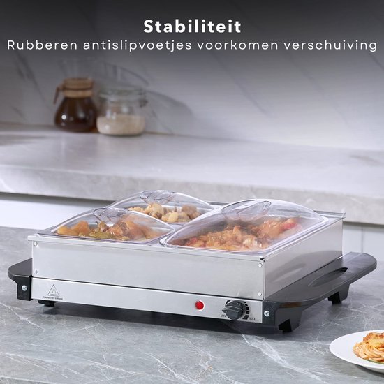 Elektrische Buffetwarmer met Warmhoudplaat - Warmhoudbakken - Warmhoudschalen - Voedsel Verwamer - 2x2.4 Liter - Ge soleerde Handgrepen - Variabel Instelbare Temperatuur - Inclusief EBOOK — afbeelding 2