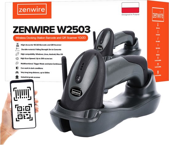 Zenwire Barcode Scanner W2503 - Barcode Scanner - Draadloos WiFi - Scansnelheid tot 350 s/s - Werkbereik tot 500m - Professionele Handscanner voor 1D Barcodes & 2D QR Codes - ingebouwde batterij