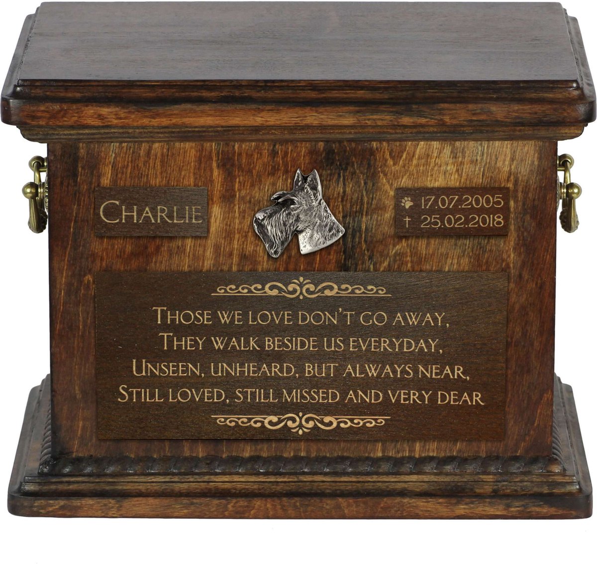Persoonlijke urn voor Scottish Terrier met gravure en herdenkingsdoos