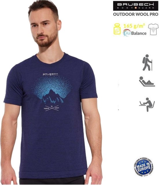 Foto: Brubeck heren outdoor wool pro shirt merino wol blend lichtgewicht ademend sneldrogend voor hiking wandelen donkerblauw m