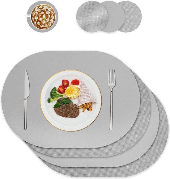 Placemats en onderzetters van PU-leer, set van 6, ovaal, afwasbaar, lederlook, dubbelzijdig, antislip, placemats voor thuis, restaurant, keuken, zilverroze Placemats en onderzetters van PU-leer, set van 6, ovaal, afwasbaar, lederlook, dubbelzijdig, antislip, placemats voor thuis, restaurant, keuken, zilverroze