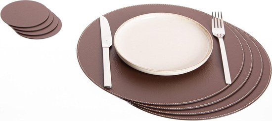 Nikalaz Ronde placemats en onderzetters van gerecycled leer, 4 stuks placemats 33 cm en 4 onderzetters 10 cm (petroleumgroen