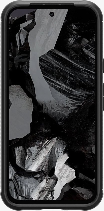 Zwarte Spigen telefoonhoes om een telefoon met een abstracte achtergrond.