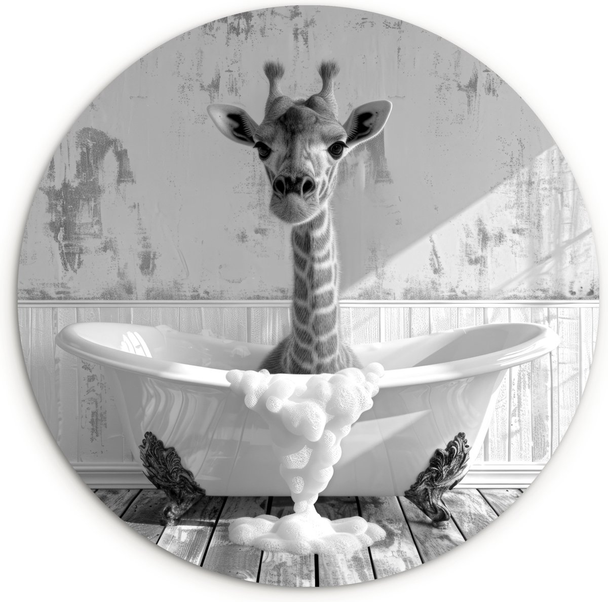 WallCircle Wandcirkel 140x140 cm - Muurcirkel Giraffe - Dieren Badkuip - Vintage - Zwart Wit - Wilde dieren - Muurdecoratie woonkamer - Wanddecoratie slaapkamer - Kamer decoratie accessoires - Ronde schilderijen binnen - Woonaccessoires Giraf - Badkuip