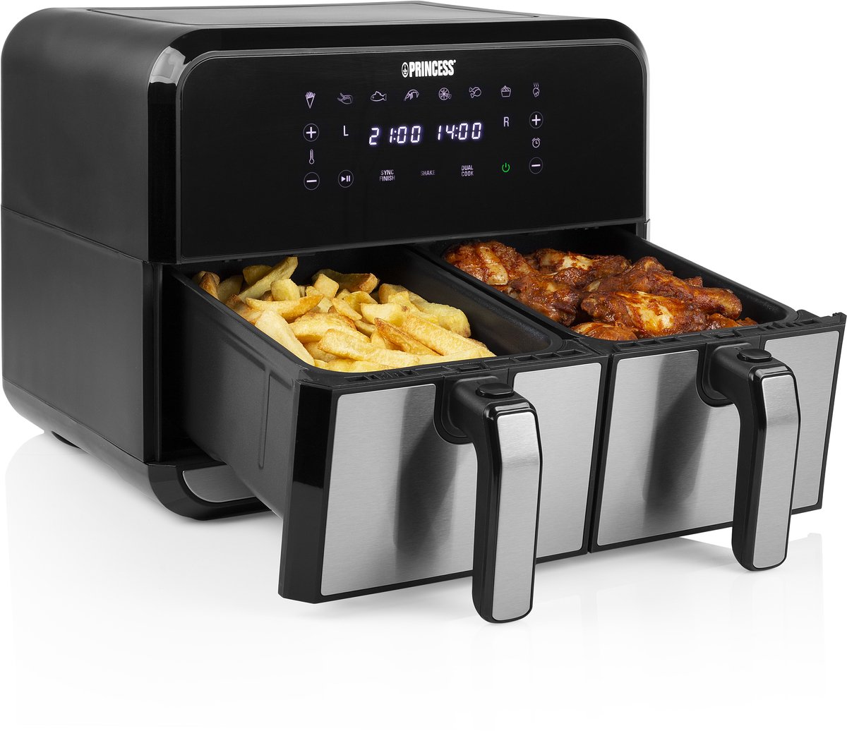 Princess Dubbele Airfryer 182074 – 2 manden x 4 liter – Digital touchscreen - Dubbele heteluchtfriteuse -RVS/Zwart