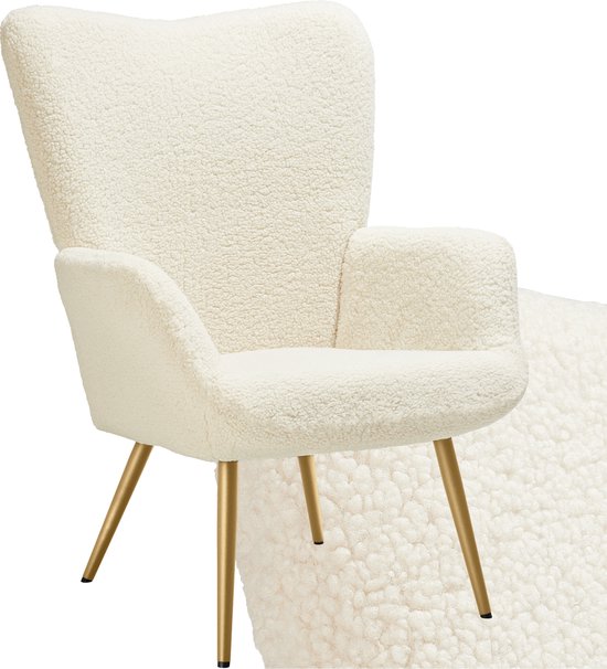 MEBEL6 - Fauteuil Lio - Bouclé Stof - Schapenvacht - Gebroken Wit Zwart Metalen Frame