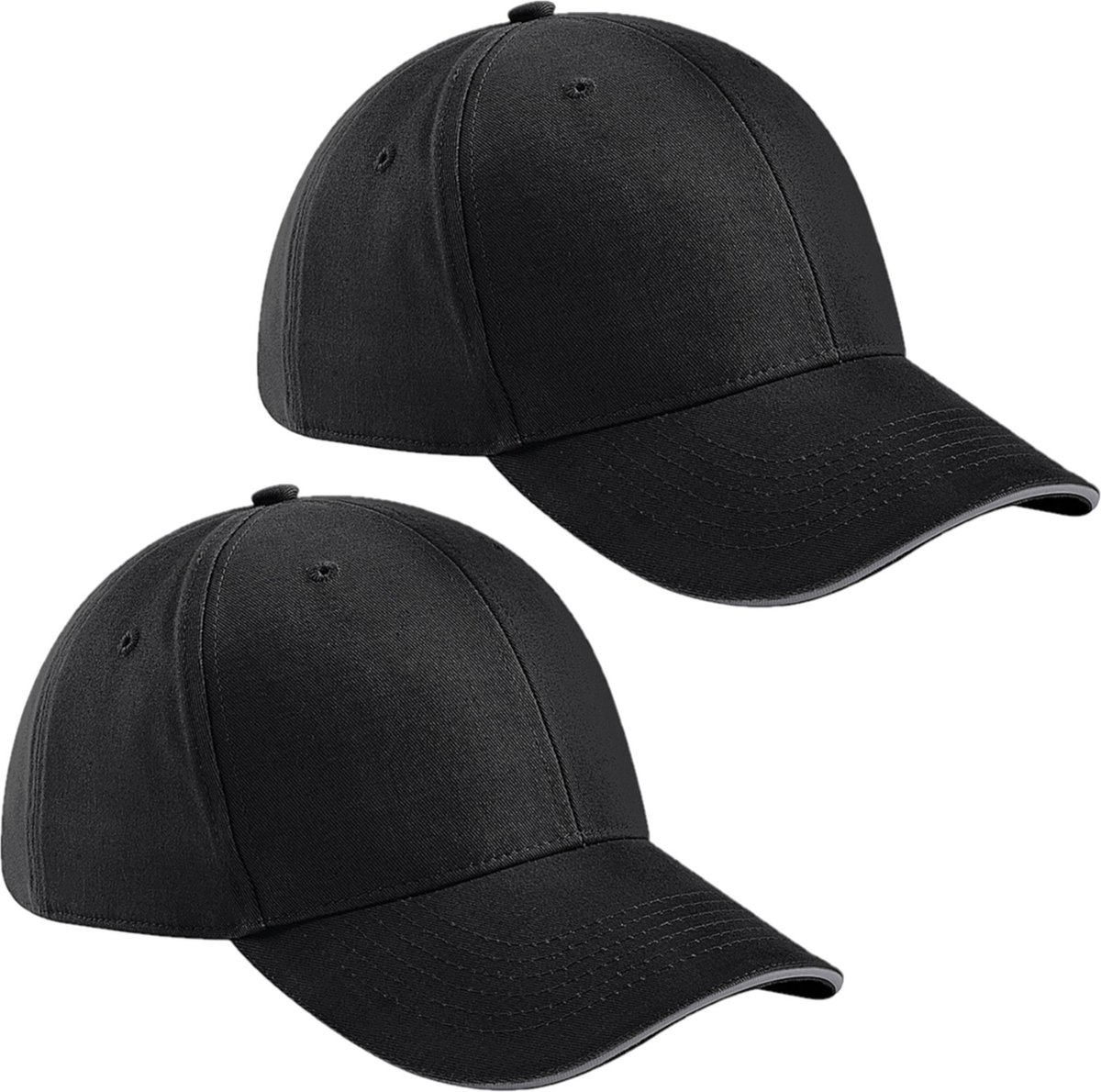 2x beechfield 6-panel baseballcap - zwart/grijs